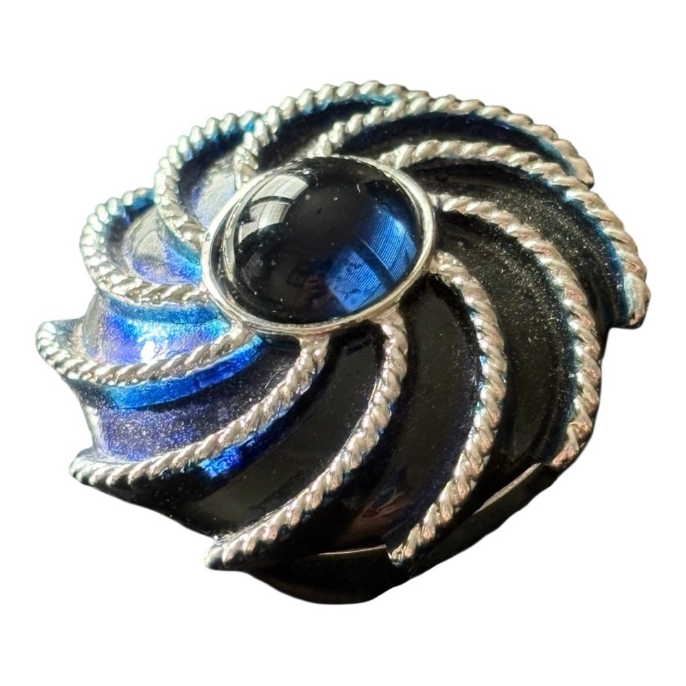 Navy & silver enamel brooch accented w/ a blue cabochon JB6